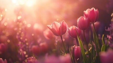 Poster - Soft pink tulips illuminated by spring sunlight create a dreamy floral scene with a bokeh effect in the background.