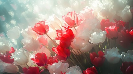 Aufkleber - Colorful Tulip Flowers in Red White and Pink Creating a Soft Sunlit Background for Natural Beauty and Floral Textures