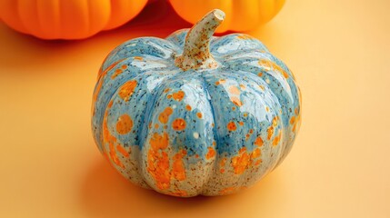 Aufkleber - Handcrafted ceramic pumpkin with blue and orange speckles on a warm yellow background, surrounded by vibrant orange pumpkins. Perfect autumn decor.