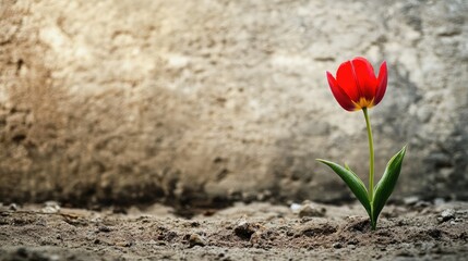 Wall Mural - vibrant red tulip blooming in garden soil against a softly blurred textured wall with ample copy spa