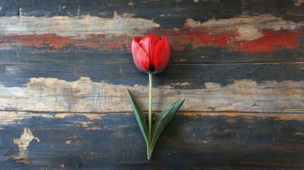 Poster - Red tulip on rustic wooden background showcasing natural beauty and texture ideal for floral or nature themed projects.
