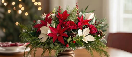 Aufkleber - Elegant Christmas flower centerpiece on a warm festive dining table creating a cozy holiday atmosphere with vibrant seasonal blooms.