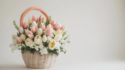 Aufkleber - Tulip bouquet in basket adorned with pastel Easter eggs and white space for text ideal for seasonal greeting cards and promotions