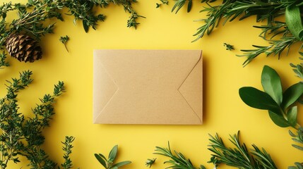 Aufkleber - Stylish flat lay composition featuring a craft paper envelope surrounded by fresh green herbs on a vibrant yellow background.