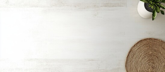 Leinwandbilder - Top View of Vinyl Suspension Flooring with Plant and Coaster on White Background Ideal for Interior Design and Flooring Concepts
