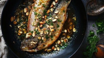 Wall Mural - Rainbow trout meuniere with brown butter and toasted almonds elegantly garnished in a skillet serving platter.