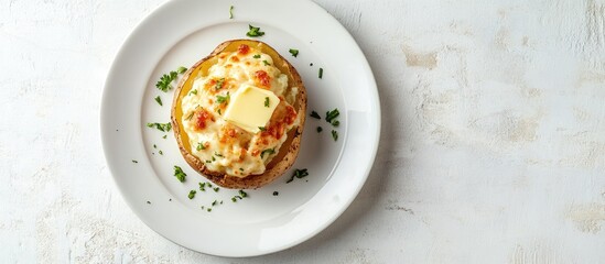 Wall Mural - Aromatic baked potato topped with creamy sauce and butter garnished with fresh herbs on a minimalist white plate against a light textured background