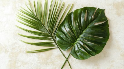 Poster - Tropical palm and monstera leaves arranged on a light background showcasing vibrant greenery and natural textures in a flat lay composition
