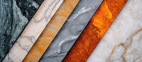 Poster - Modern stone countertop samples featuring a variety of colored slabs ideal for interior design inspiration and renovation projects