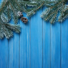 Aufkleber - Blue Wooden Christmas Background with Pine Branches and Pine Cones Empty Space for Holiday Greeting Text on Vibrant Blue Wood Surface