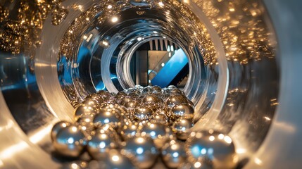 Fototapete - Tunnel of Reflective Metallic Balls with a Blue Scoop Showcasing Depth and Texture in Modern Display Environment