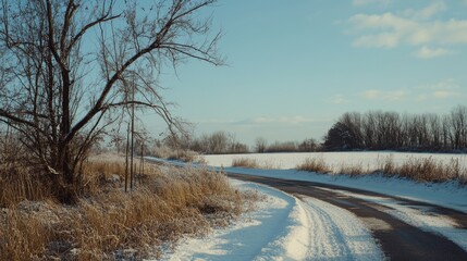 Wall Mural - Winter landscape with a snow-covered road and a tree standing tall in the distance