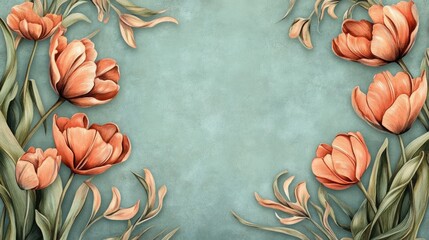 Aufkleber - Tulip Border Design with Orange Flowers on Soft Turquoise Background for Elegant Invitations and Decorations