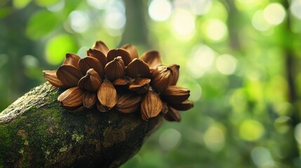 Aufkleber - Tropical wood plant seeds resting on a mossy branch surrounded by lush green foliage in a serene forest environment