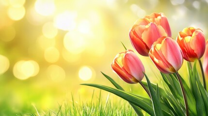 Aufkleber - Tulips blooming at sunset surrounded by soft bokeh effect on a serene grassy background creating a vibrant spring atmosphere.