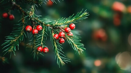 Yew berries on Taxus baccata evergreen tree branch with lush green background showcasing vibrant red fruits in natural habitat