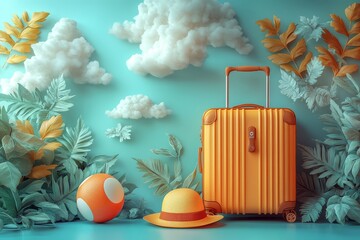 3D render of a yellow suitcase with a beach ball and sun hat on a light blue background with clouds, summer vacation concept in minimal style.