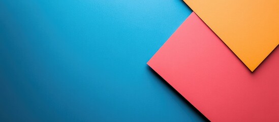 Fototapete - Colorful geometric composition featuring a top view of a blank paper sheet positioned on a vibrant blue background with yellow and red sheets overlapping for design use.