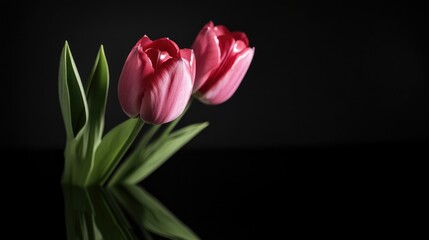Poster - Elegant pink tulips on a reflective black surface showcasing beauty and tranquility in a floral still life composition