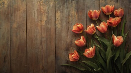 Poster - Pink tulips arranged on rustic wooden background creating a warm and inviting floral composition for decoration or nature-themed design.