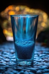 Poster - A glass filled with a clear blue liquid sits on a table