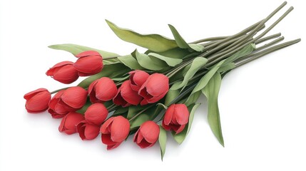 Aufkleber - Red tulips bouquet with green leaves arranged on a white isolated background for floral design or seasonal decoration concepts