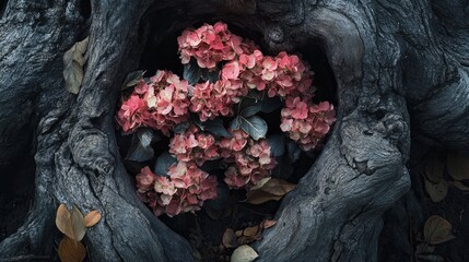 Aufkleber - Tranquil view of vibrant flowers nestled in the hollow of an ancient tree trunk surrounded by textured bark and fallen leaves