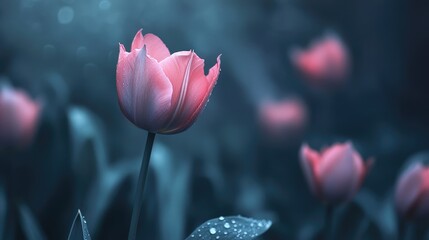 Fototapete - Delicate Pink Tulips Blooming in Spring amidst a Serene Nature Background with Soft Focus and Dewdrops on Petals