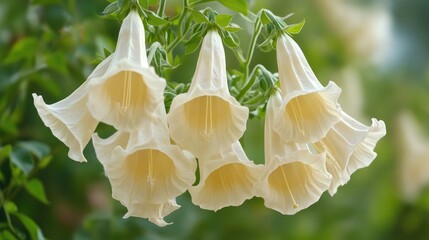 Aufkleber - Trumpet shaped flowers in focus with a soft green blur background showcasing delicate petals and vibrant natural beauty