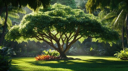 Aufkleber - Majestic tropical tree in a lush park setting bathed in soft sunlight, surrounded by vibrant greenery and serene natural beauty.