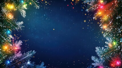 Aufkleber - Colorful festive border with snowy tree branches and sparkling lights on a dark blue background for a seasonal New Year greeting card design
