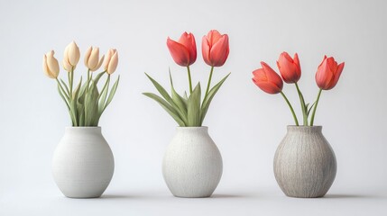 Aufkleber - Elegant tulip arrangements in modern vases showcasing soft colors against a minimalist white background for a fresh interior decor aesthetic