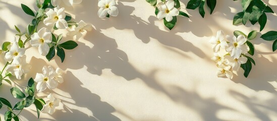 Leinwandbilder - Elegant white jasmine flowers arranged in a top view on a soft beige background with gentle shadows creating a serene blank space for text.