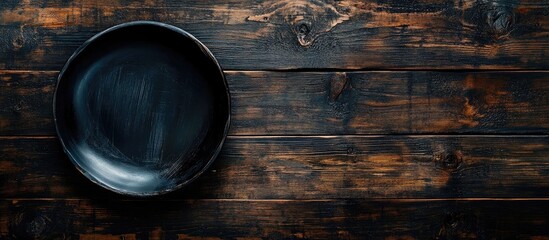 Leinwandbilder - Aerial view of a dark ceramic plate on a rustic wooden table with ample blank space for culinary text and design elements in natural tones.