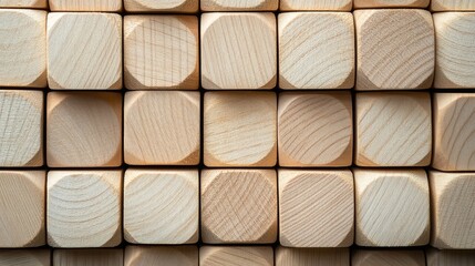 Fototapete - Stack of Light-Colored Wooden Cubes with Round Faces in a Symmetrical Arrangement Viewed from Above, Natural Textures and Patterns, Soft Lighting