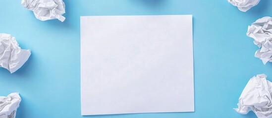 Fototapete - Crumpled White Paper Sheet on Light Blue Desk Surrounded by White Paper Balls with Empty Space for Text and Creative Ideas