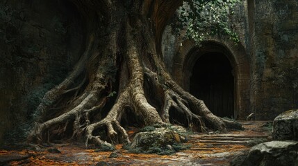 Aufkleber - Majestic fig tree trunk with expansive roots and buttresses in a serene, ancient setting surrounded by lush foliage and stone architecture