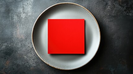 Poster - Top View of a Bright Red Square Banner on a Gray Plate Over a Dark Textured Surface for Creative Design Concepts