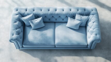Poster - Light Blue Classic Tufted Sofa with Cushions on a Soft Gray Background in Modern Interior Setting