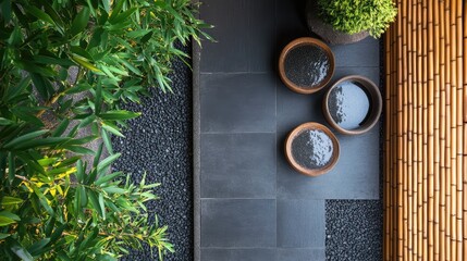 Aufkleber - Aerial view of a tranquil indoor zen garden featuring bamboo elements, dark stone pathways, natural green plants, and serene water bowls.