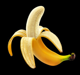 Wall Mural - Half peeled banana isolated on black background