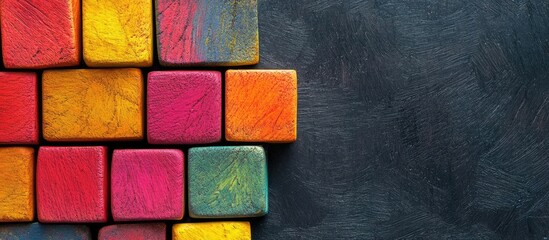 Leinwandbilder - Colorful Fruit Blocks in Red Yellow Green and Pink Arranged on Dark Textured Wall with Empty Space for Creative Text Placement