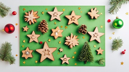 Aufkleber - Festive Green Card Surrounded by Wooden Stars Pine Cones and Red Green Ornaments on White Background Ideal for Holiday Messages