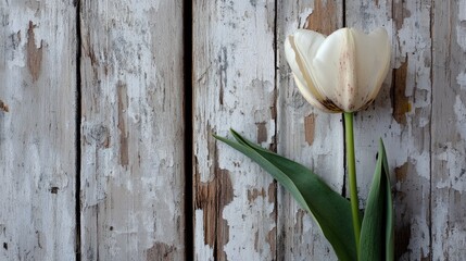 Poster - White tulip against rustic wooden backdrop with peeling paint showcasing nature's beauty and texture in a serene setting.