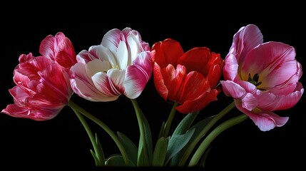 Aufkleber - Vibrant bouquet of tulips in red, pink, white and lilac showcasing the natural beauty and elegance of spring flowers against a black background