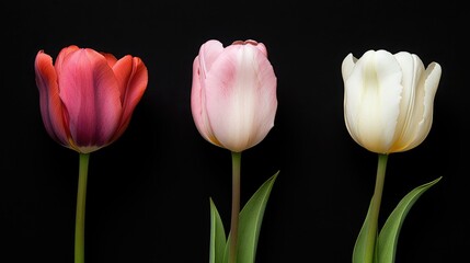 Poster - Three elegant tulips in red pink and white isolated on a black background showcasing their vibrant colors and delicate petals.