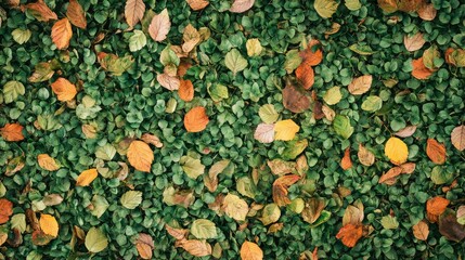 Poster - Aerial View of Vibrant Green Forest Floor with Colorful Fallen Leaves in Shades of Orange Yellow and Brown in Natural Woodland Setting