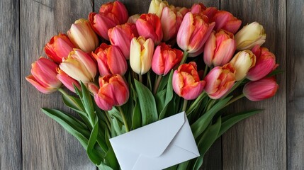 Aufkleber - Colorful tulip bouquet with white envelope on wooden background overhead view blank space for text or greeting message