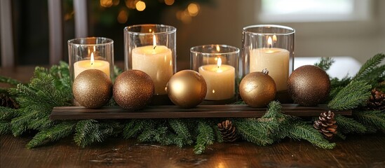 Poster - Elegant festive holiday decor featuring traditional handmade baubles and candles arranged on a lush cedar tree with warm glowing lights.