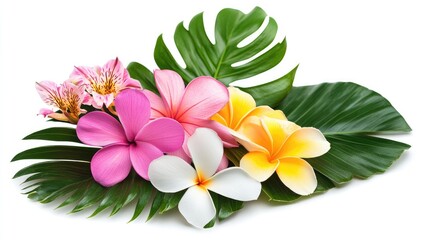 Poster - Tropical flowers and lush green leaves arranged beautifully isolated on a clean white background for vibrant floral compositions